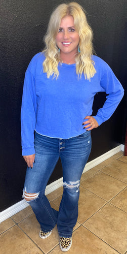Blue Distressed Cropped Sweater