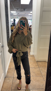 Olive cropped blouse with tied waist