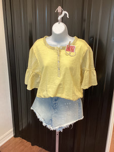 Lemon Ruffled Sleeve Button Top