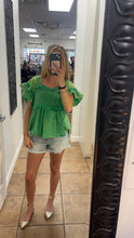 Green Eyelet Gauze Ruffled Sleeve Top