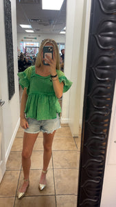 Green Eyelet Gauze Ruffled Sleeve Top