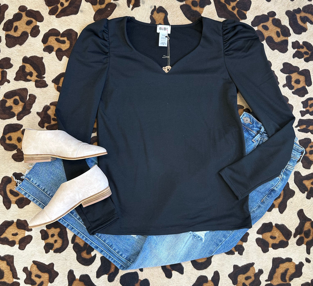 Black Puff Long Sleeve V Neck