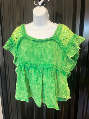 Green Eyelet Gauze Ruffled Sleeve Top