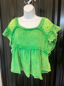 Green Eyelet Gauze Ruffled Sleeve Top
