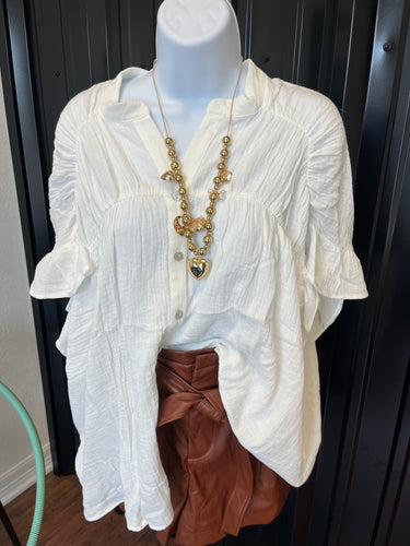 White Ruffled Sleeve Button Down Gauze Top