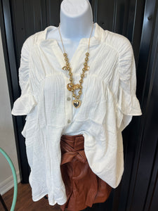 White Ruffled Sleeve Button Down Gauze Top