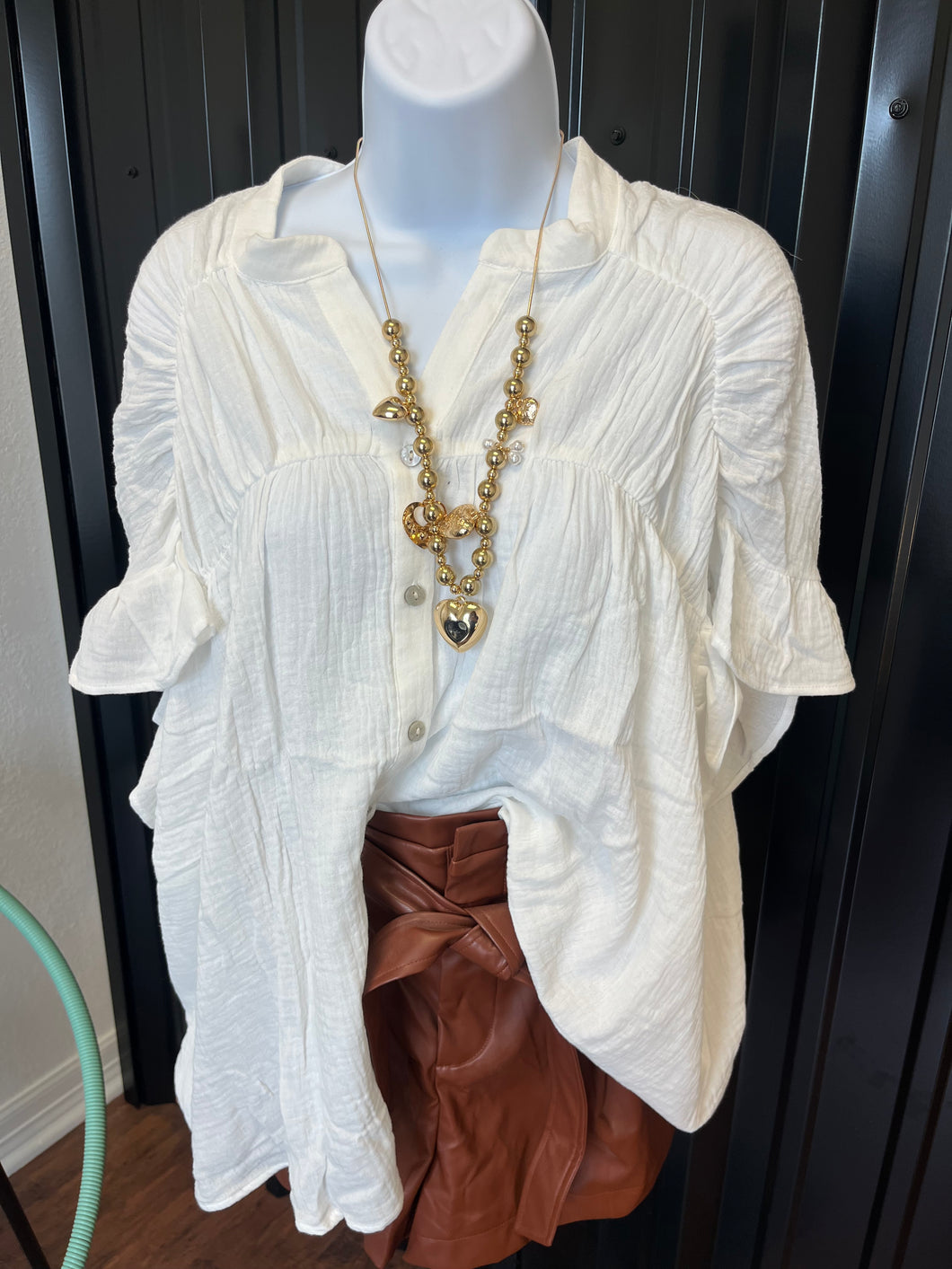 White Ruffled Sleeve Button Down Gauze Top