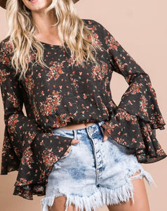 Black Floral Ruffle Sleeve Top