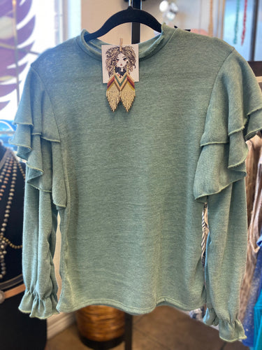 Ruffled Shoulder Sweater Jade